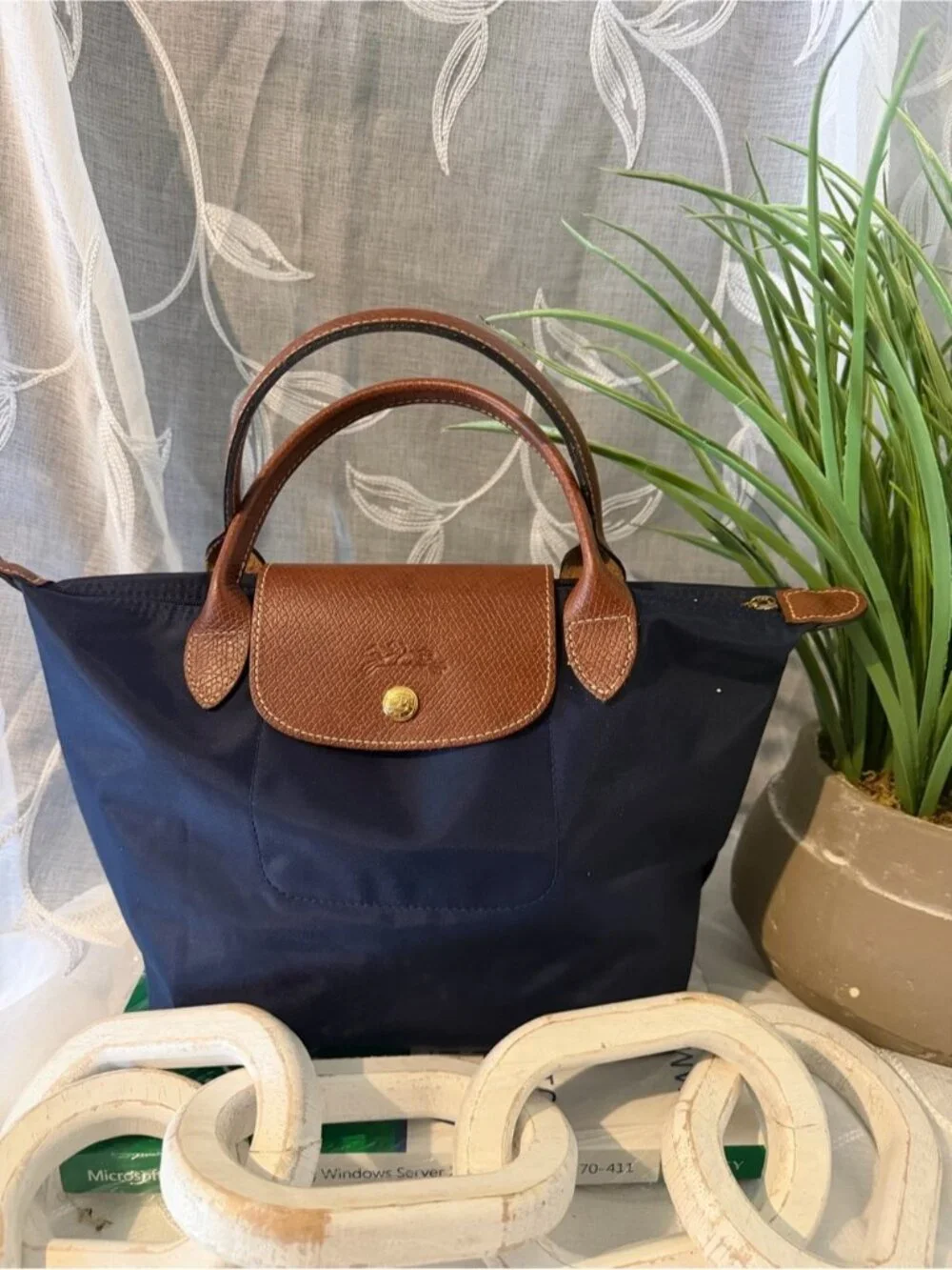 Longchamp Navy Nylon Tote with Brown Leather Trim